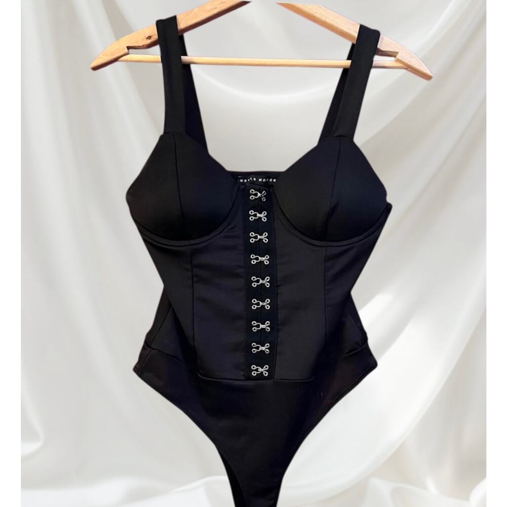 EUC Haute Monte Black Faux Corset Snap Crotch Bodysuit Size Small